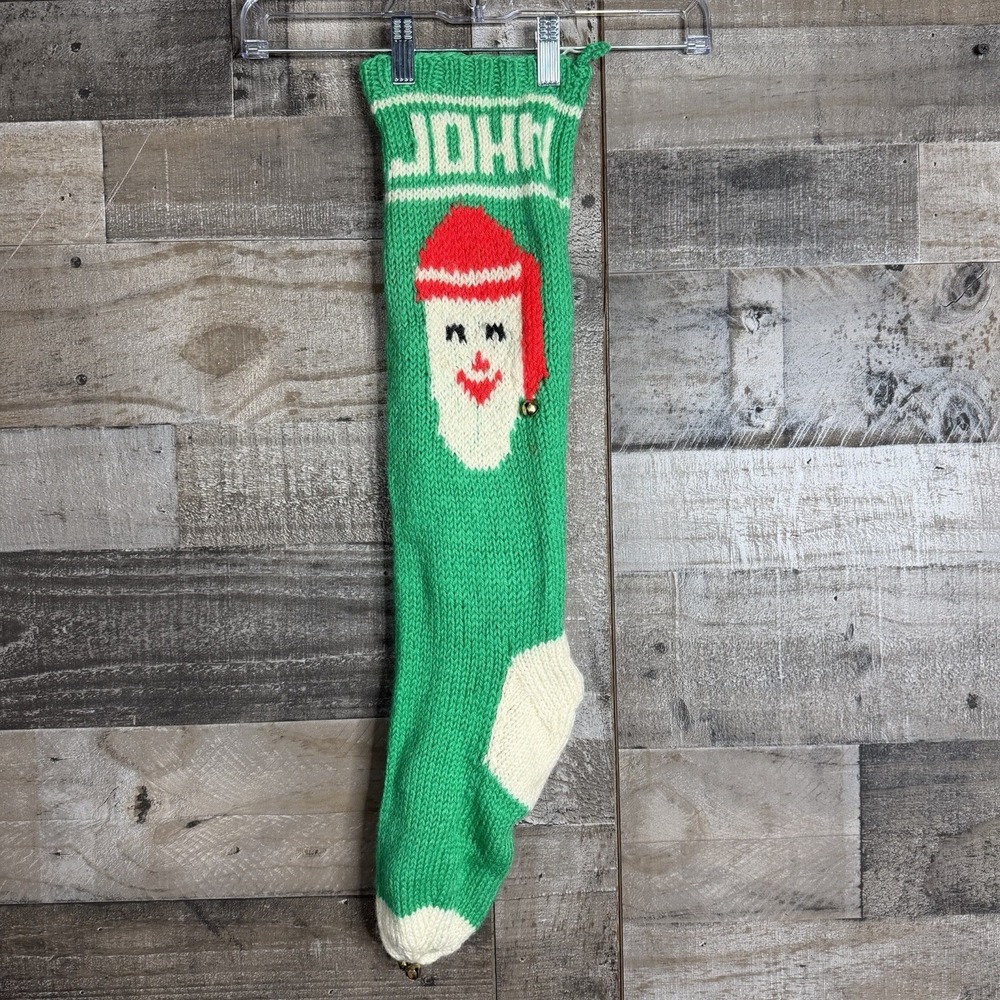Vintage John Hand Knitted 27" Christmas Stocking Santa Bells Personalized Green